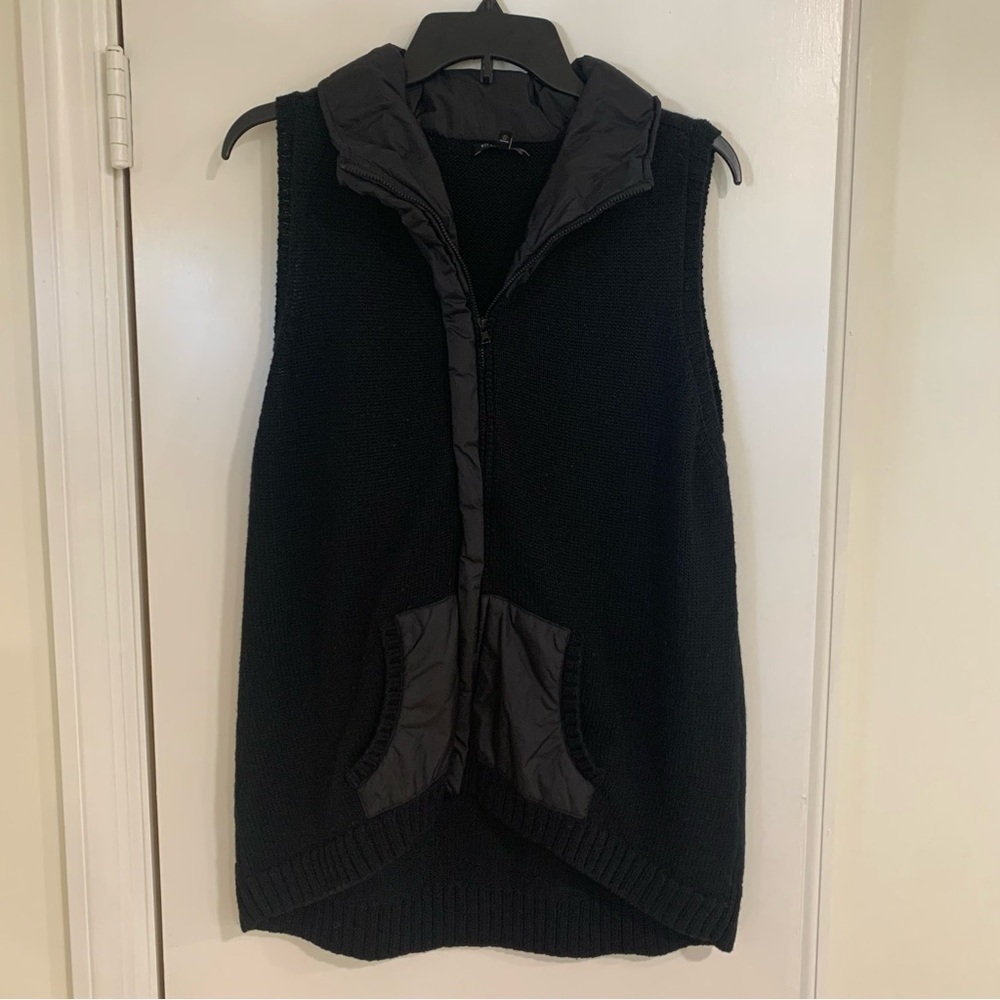 Eileen Fisher Merino Wool Vest Nylon Trim Pockets Outerwear Size L‎ Black Winter